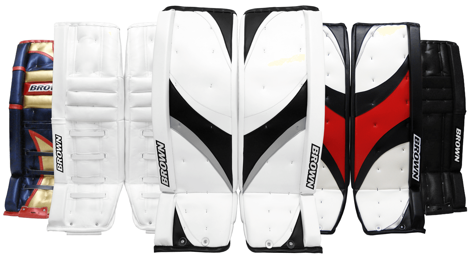 Lineup of various leg pads